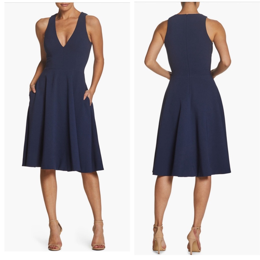 DRESS THE POPULATION Catalina Fit & Flare Cocktail Dress NEW Size L Midnight